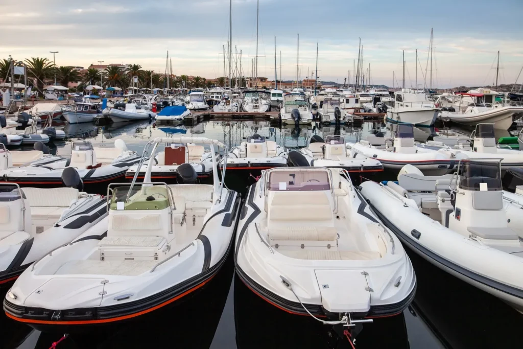 Boats docked at a yacht club in Sardinia