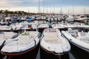 Boats docked at a yacht club in Sardinia