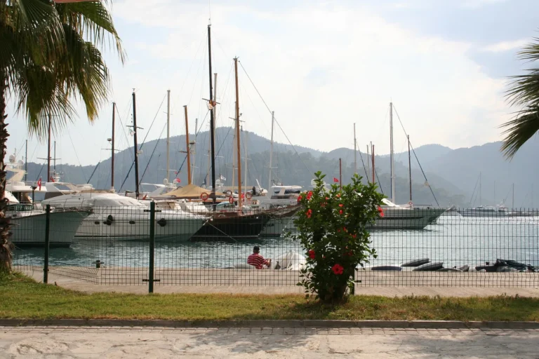 Sailing yachts and motor yachts in the harbour at Göcek, south-west Turkey