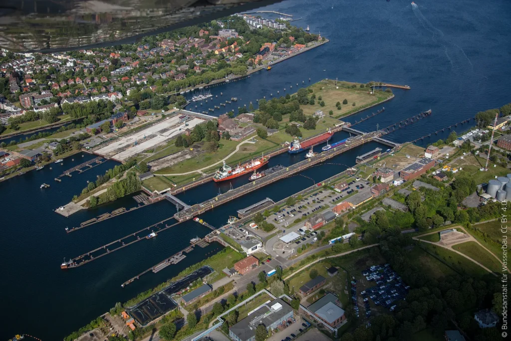 Aerial view of the Kiel Canal locks at Kiel-Holtenau