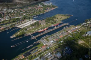 Aerial view of the Kiel Canal locks at Kiel-Holtenau