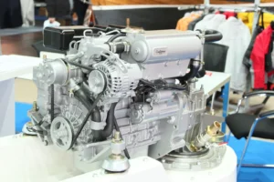 A marine diesel engine of the type checked before a yacht delivery