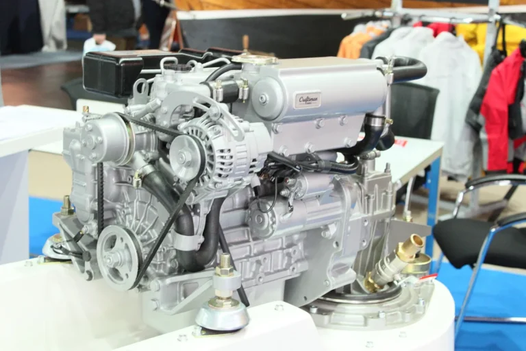 A marine diesel engine of the type checked before a yacht delivery