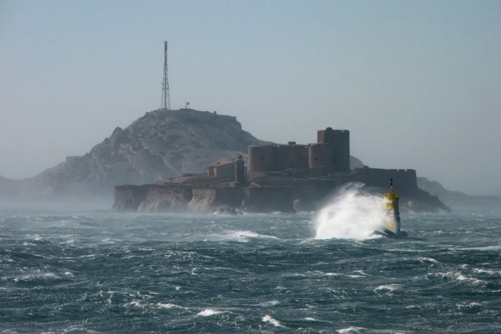 Mistral storm waves breaking at the Frioul islands off Marseille