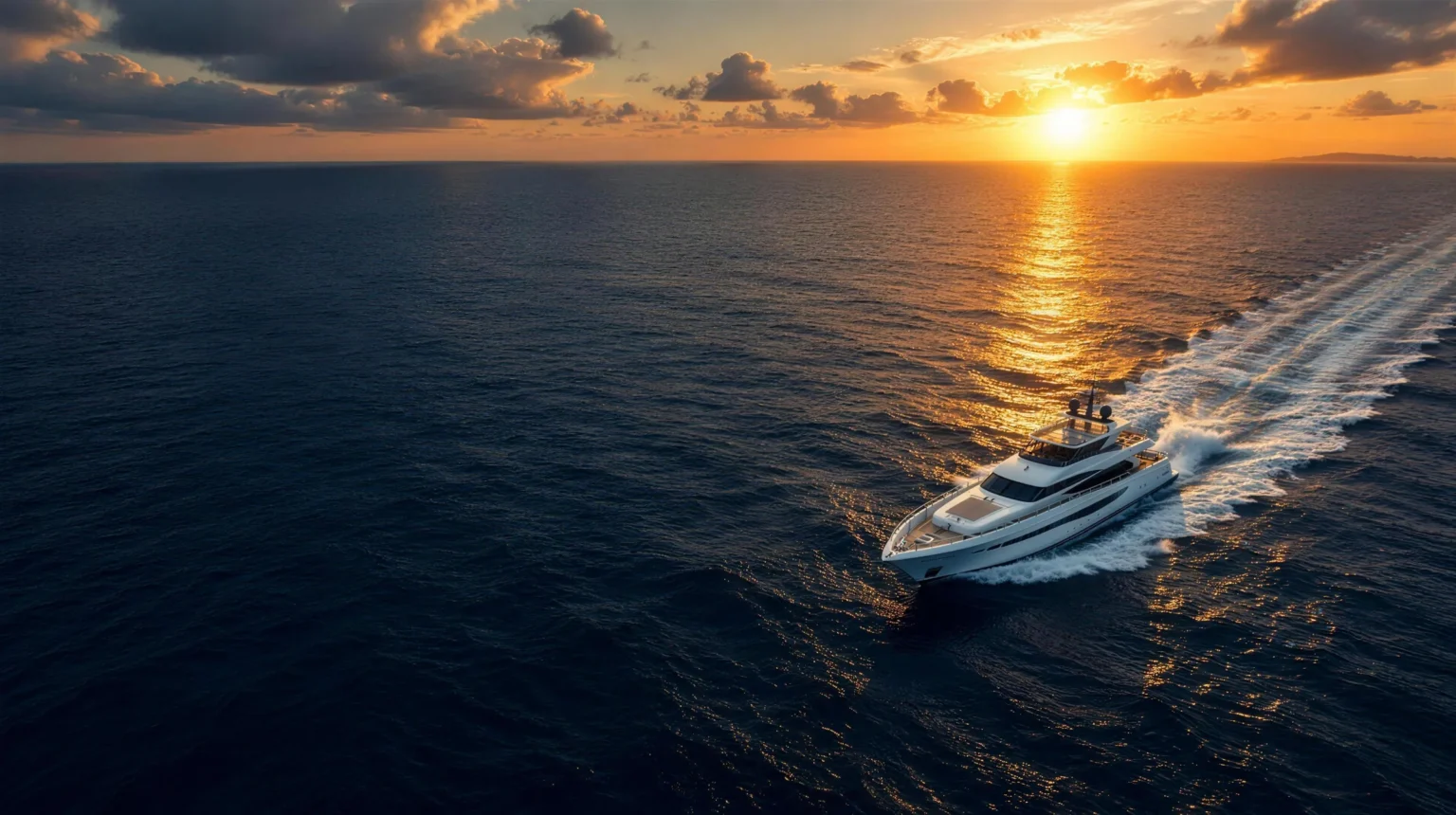 Motor yacht crossing open sea at sunset