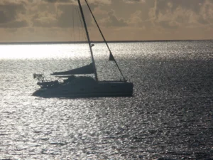 Sailing yacht silhouetted on the Atlantic off Lanzarote, Canary Islands