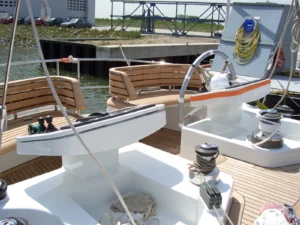 The cockpit and twin helm stations of a modern sailing yacht