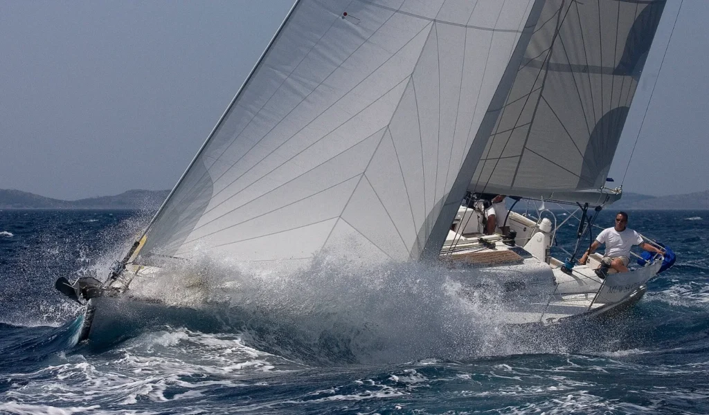 Skipper and crew sailing a yacht hard on the wind