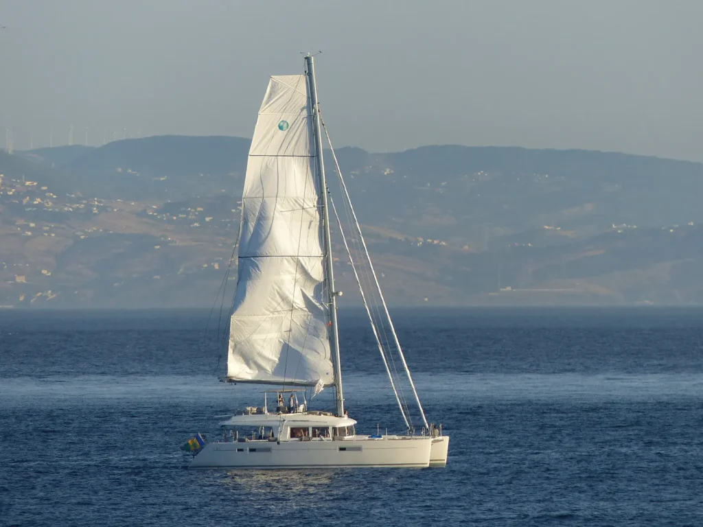 Sailing catamaran in the Strait of Gibraltar, seen from Tarifa