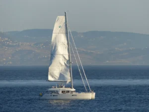 Sailing catamaran in the Strait of Gibraltar, seen from Tarifa