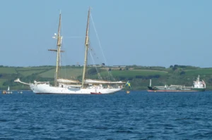 A schooner at anchor in Falmouth Harbour, Cornwall, a common start for deliveries to the Mediterranean